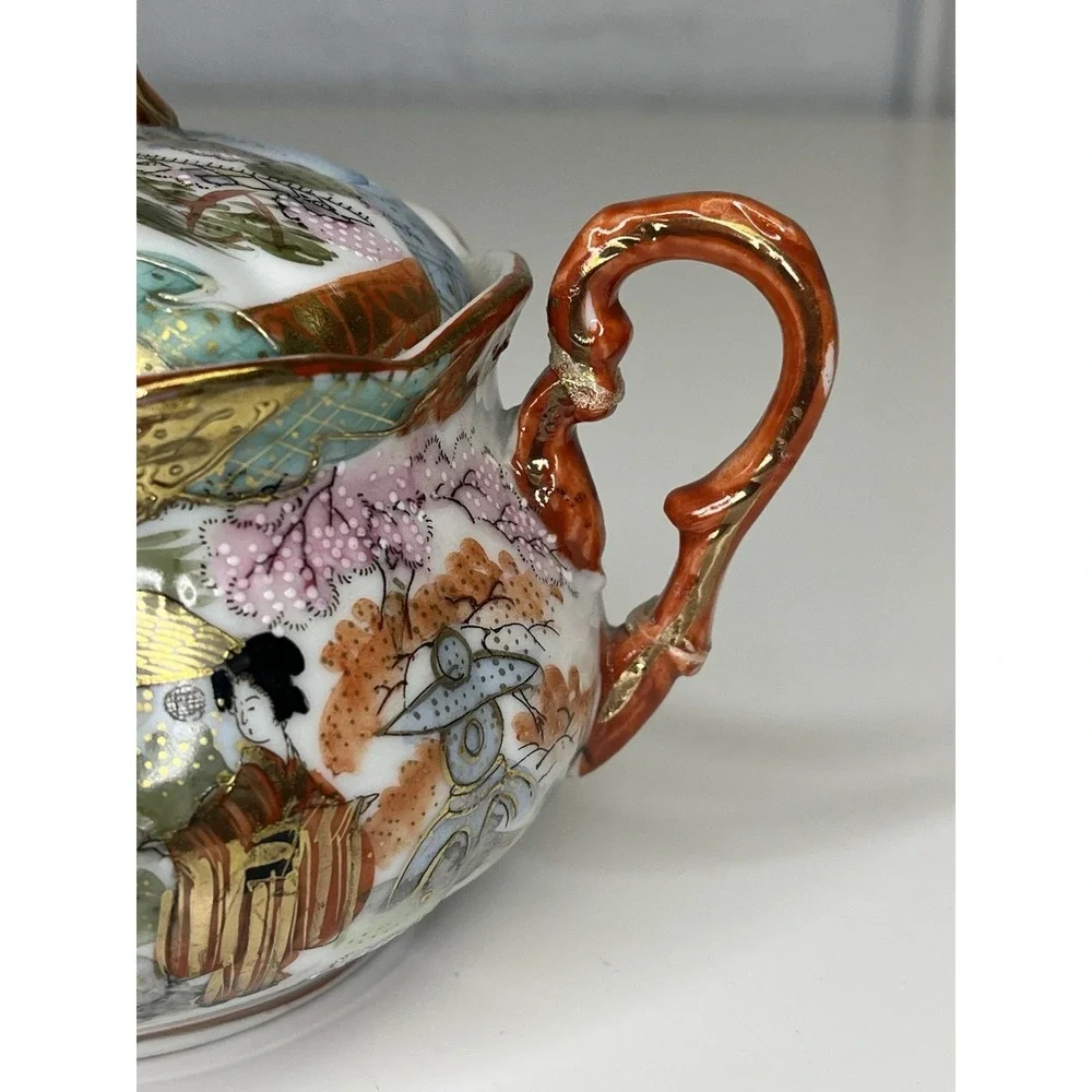 Vintage Kutani Geisha Sugar Bowl BiBi Japan Red Gold Porcelain Hand Painted‎